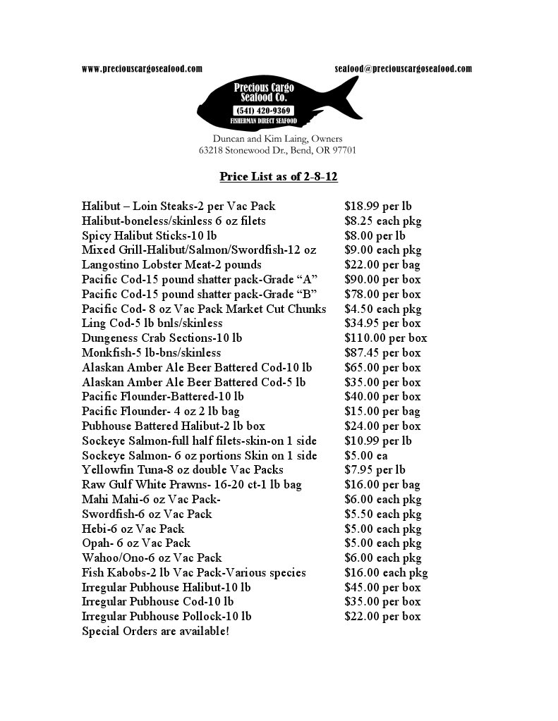 Seafood Price List February 2012 | PDF