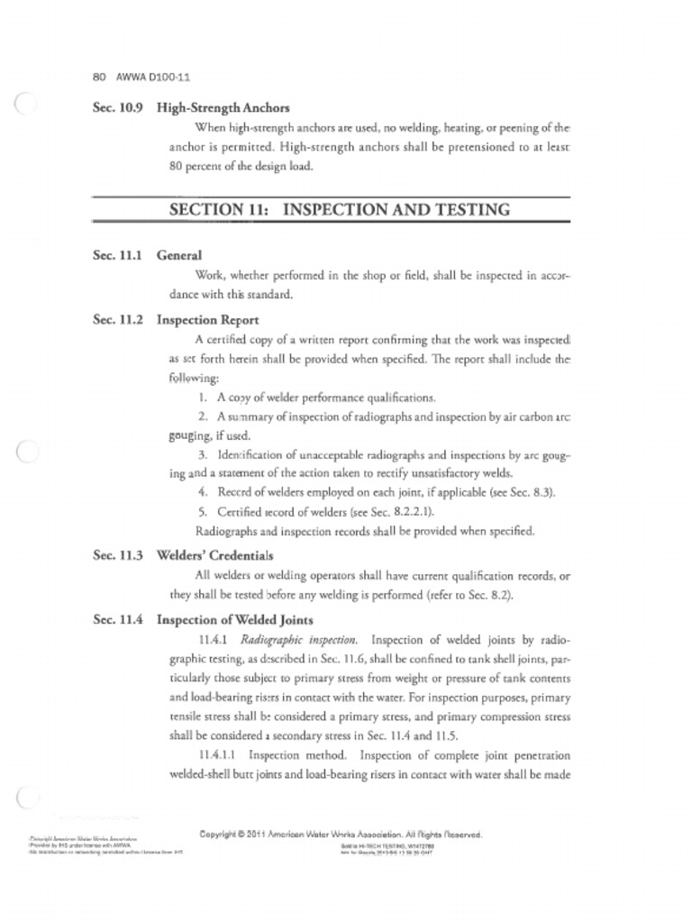 AWWA D-100-11 Section 11 Inspection | PDF