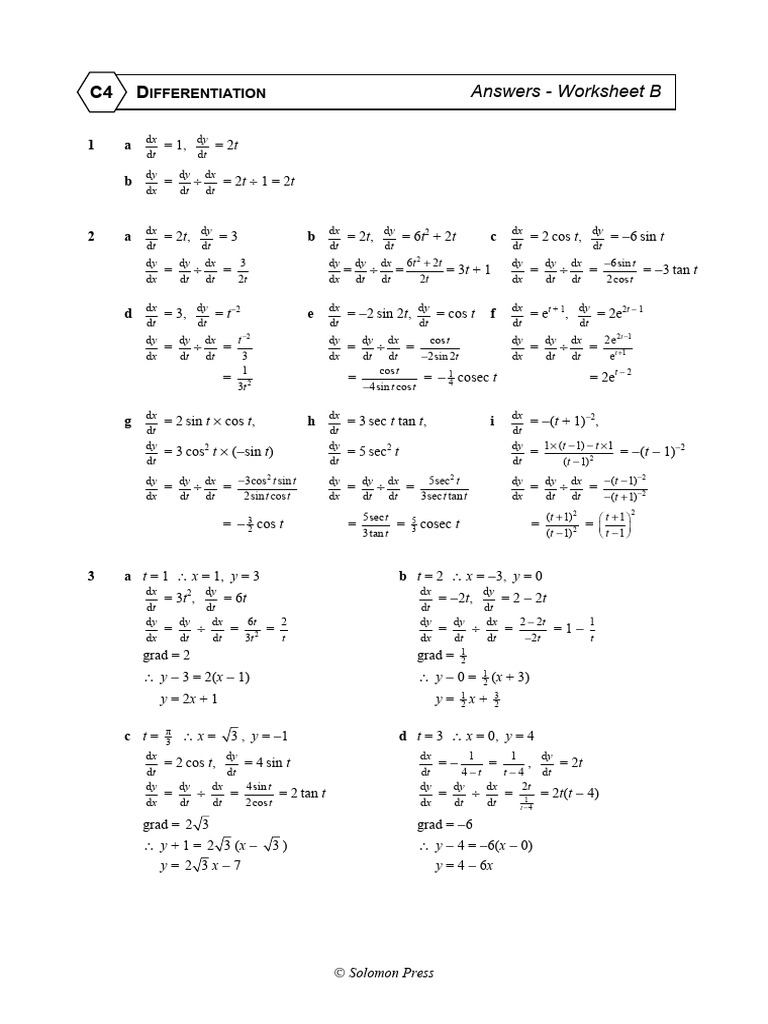 Worksheet B - Differentiating Parametric Equations Solutions | PDF ...