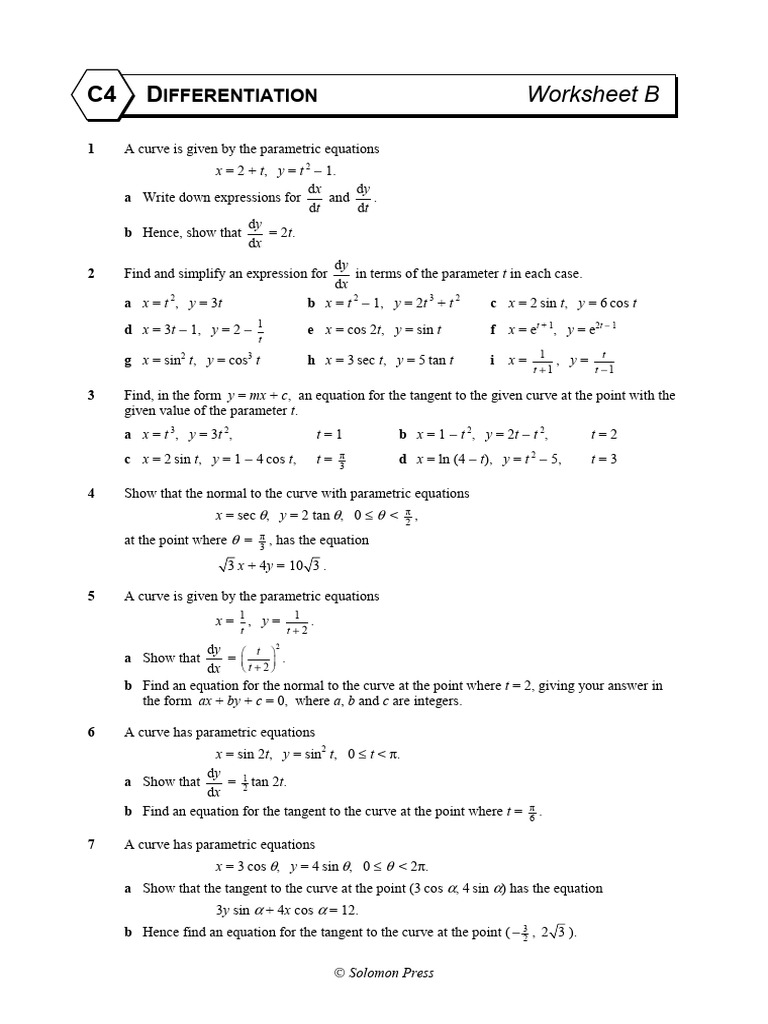 Worksheet B - Differentiating Parametric Equations | PDF | Equations ...