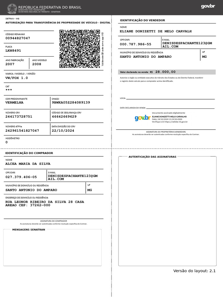 Autorização Transferência Veículo Digital | PDF