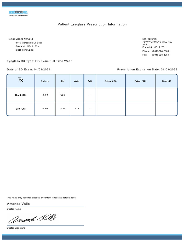 Eyeglass Prescription for Dianna Narvaez | PDF