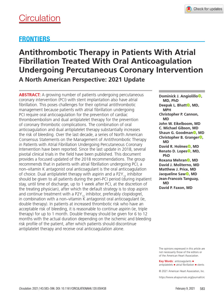 Angiolillo Et Al 2021 Antithrombotic Therapy in Patients With Atrial ...