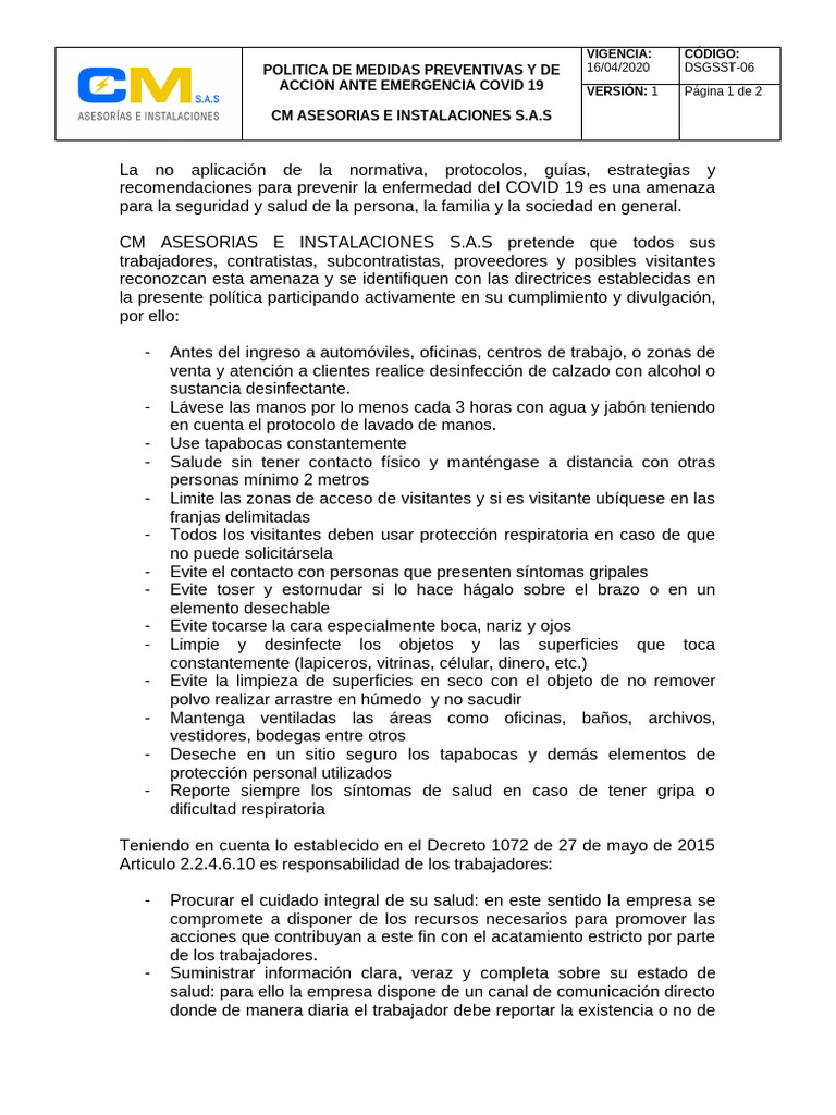 Medidas Preventivas COVID-19 CM Asesorías | PDF | Lavado de manos