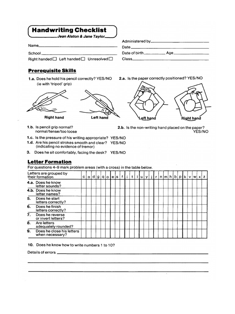 Handwriting Checklist Alston and Taylor | PDF