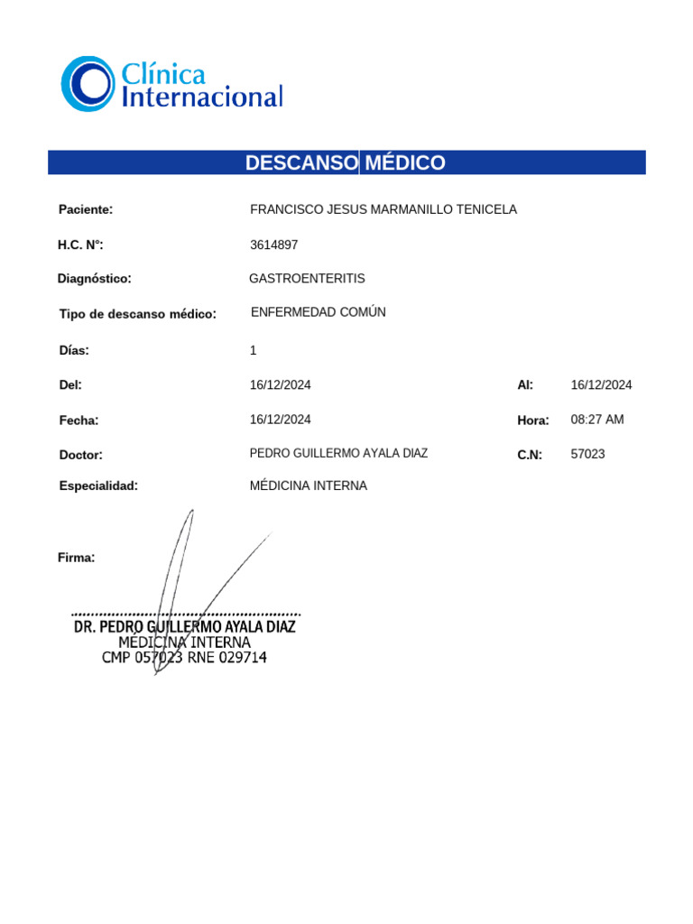 Descanso médico por gastroenteritis | PDF