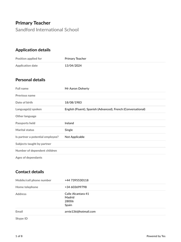 Primary Teacher Application - Aaron Doherty | PDF | Teachers | Physical ...