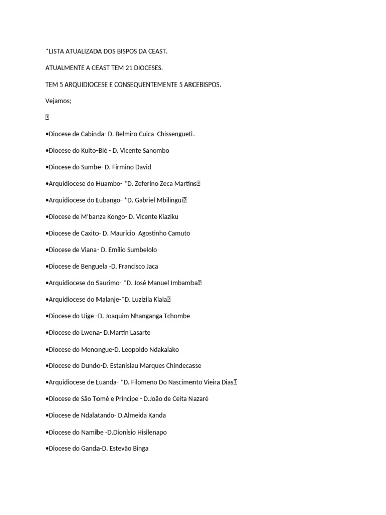 Bispos da CEAST e suas dioceses | PDF