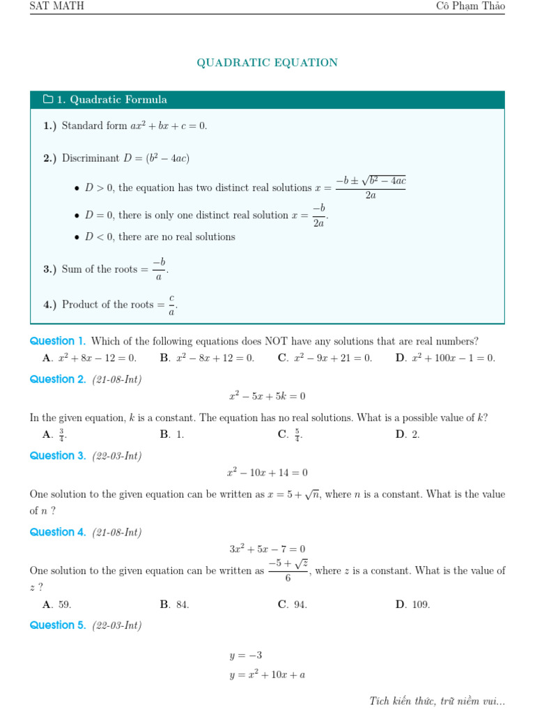 2022 Practice Set 6 Quadratic Equation | PDF | Algebra | Mathematics