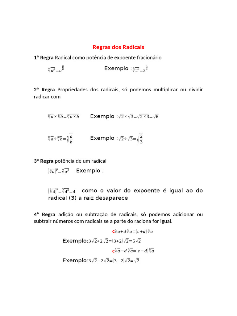 Regras dos Radicais e Propriedades | PDF