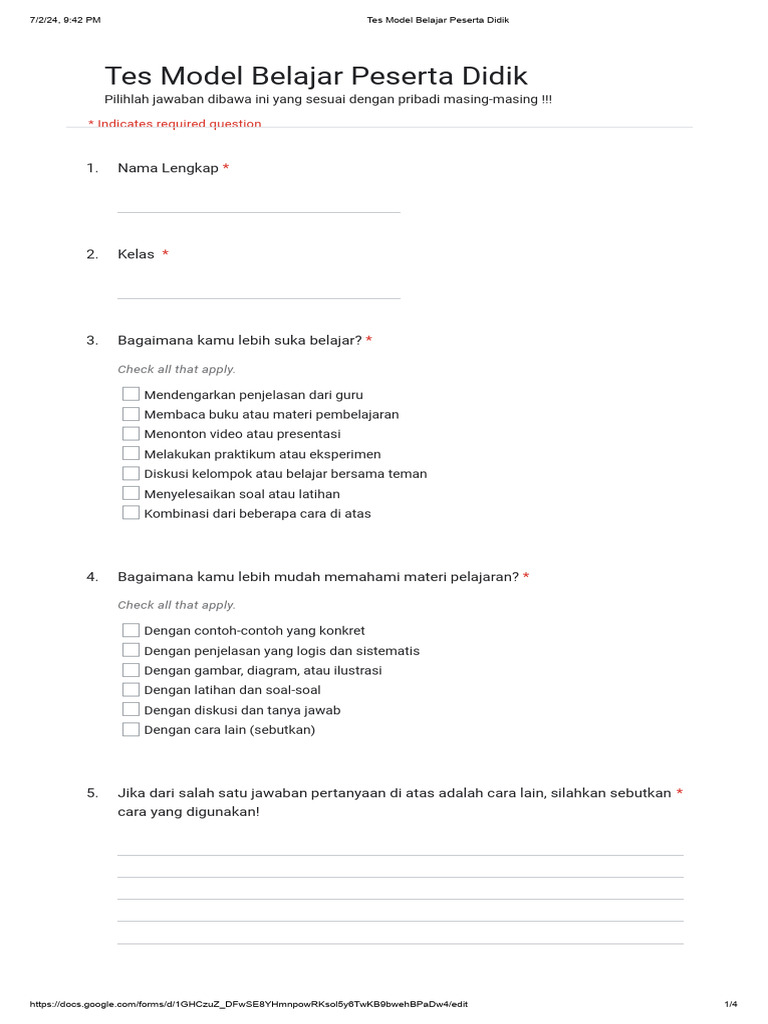 Tes Model Belajar Peserta Didik - Google Forms | PDF