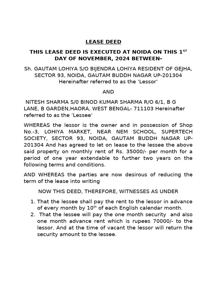 Lease Deed For Shop 3 | PDF
