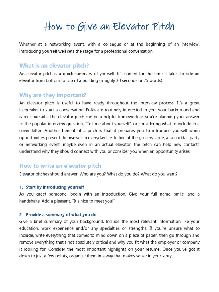 Mastering Your Elevator Pitch Guide | PDF