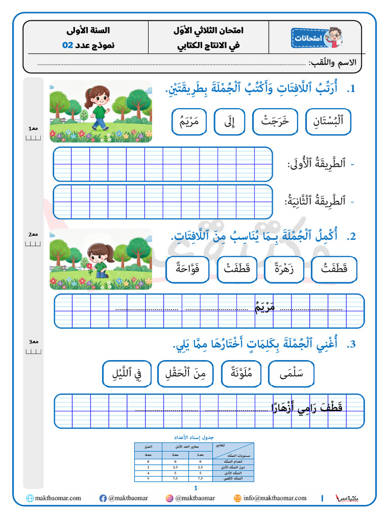 انتاج كتابي ثلاثي أوّل سنة أولى نموذج عدد 02 | PDF