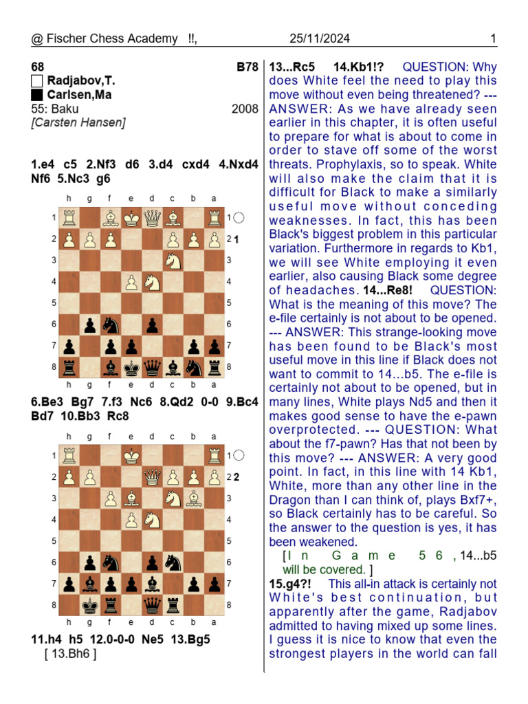 Radjabov vs Carlsen: Dragon Variation Analysis | PDF | Traditional ...