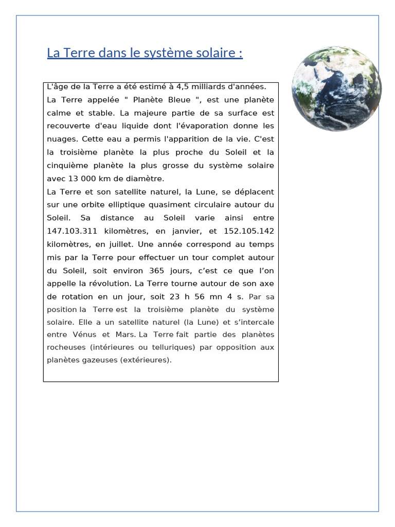 La Terre : Planète Bleue et Système Solaire | PDF