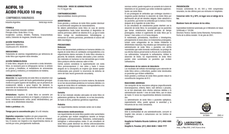 Ácido Fólico 10 mg: Usos y Precauciones | PDF | Drogas | Especialidades ...