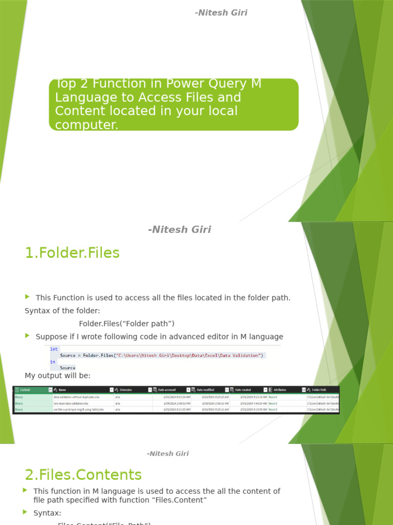 Power Query M: Folder.Files & Files.Contents | PDF