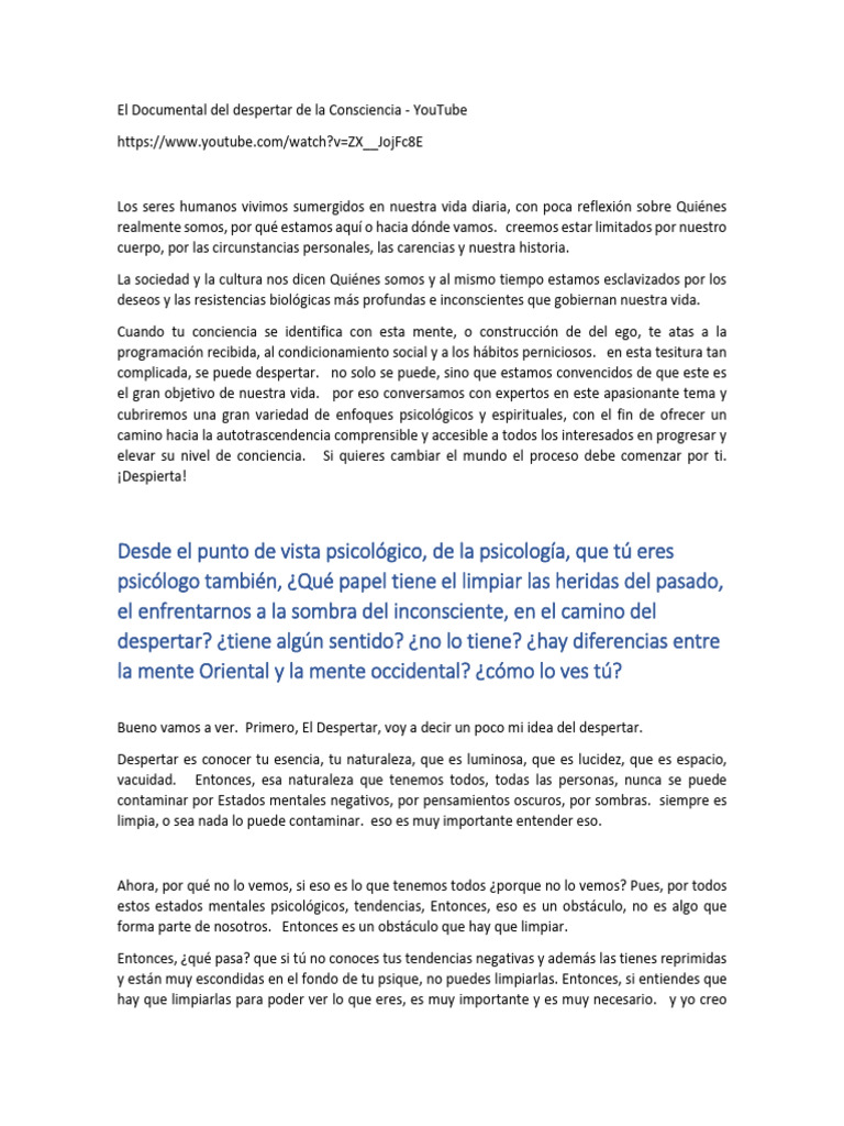 El Documental Del Despertar de La Consciencia - p1 | PDF | Pensamiento ...