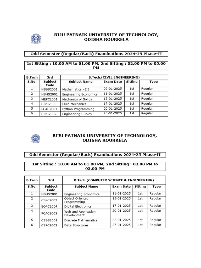 BPUT Odd Semester Exam Schedule 2024-25 | PDF | Engineering | Analogue ...