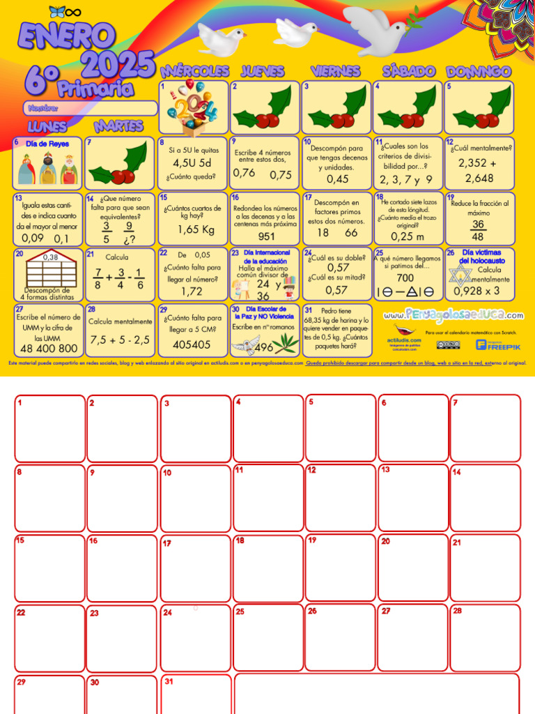 6°?♾️Calendario_Matemático_Enero_24_25_Actiludis?♾️ PDF
