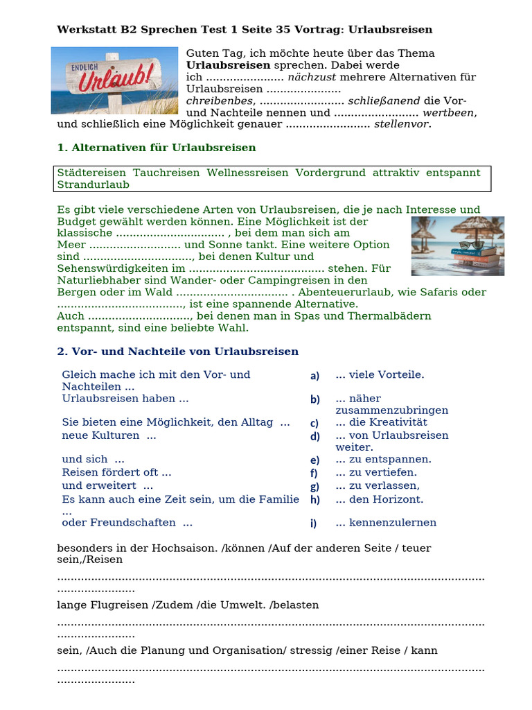 Werkstatt B2 Sprechen Test 1 Seite 35 Vortrag Urlaubsreisen | PDF