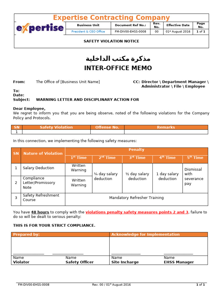 Fm-Div00-Ehss-0008 Safety Violation Notice | PDF | International ...