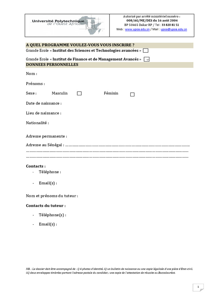 Dossier D'inscription Upoa | PDF