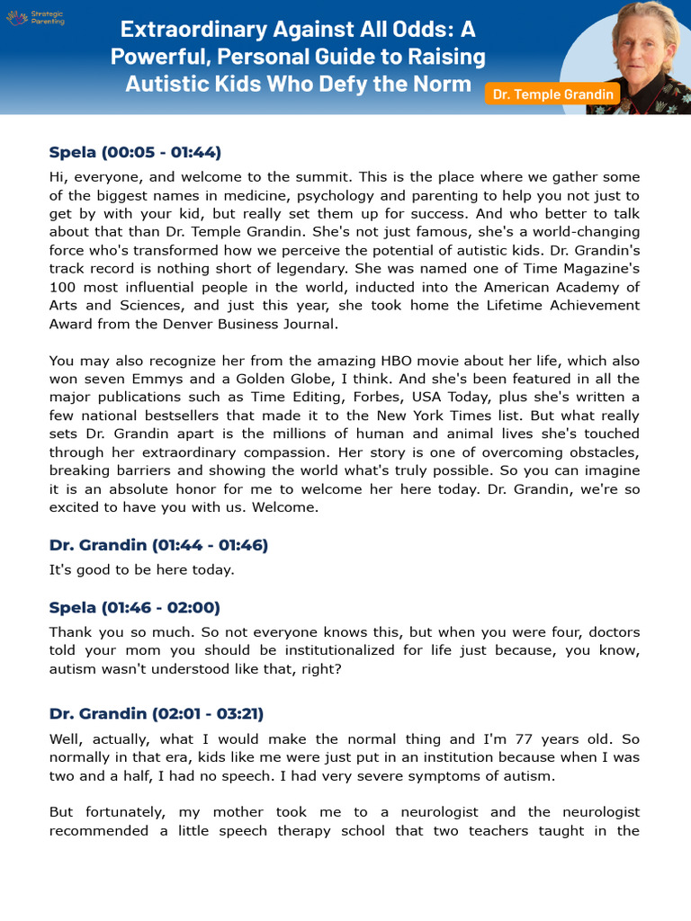 Dr. Temple Grandin Transcript Global Autism Parenting Summit 2024 | PDF ...