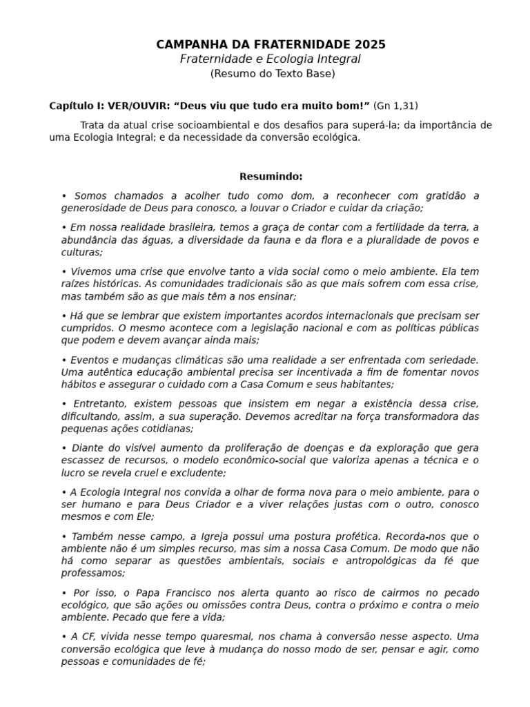 Campanha da Fraternidade 2025: Ecologia Integral | PDF | Ensino social ...