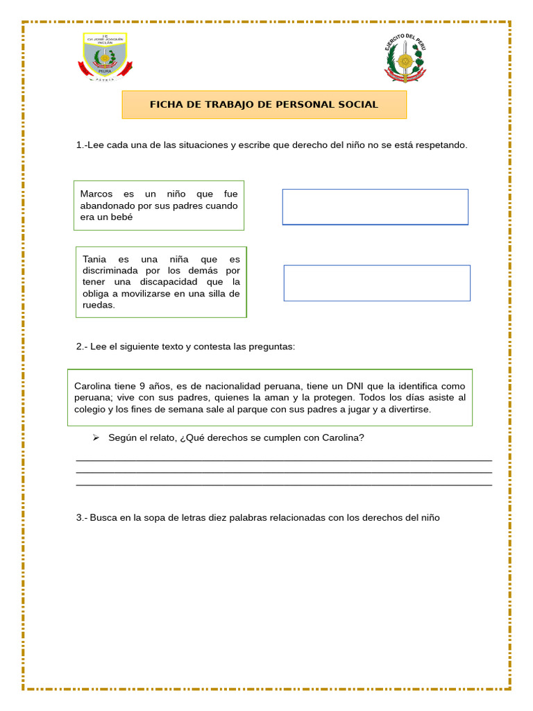FICHA DE TRABAJO DE PERSONAL SOCIAL-LOS DERECHOS DE LOS NIÑOS | PDF