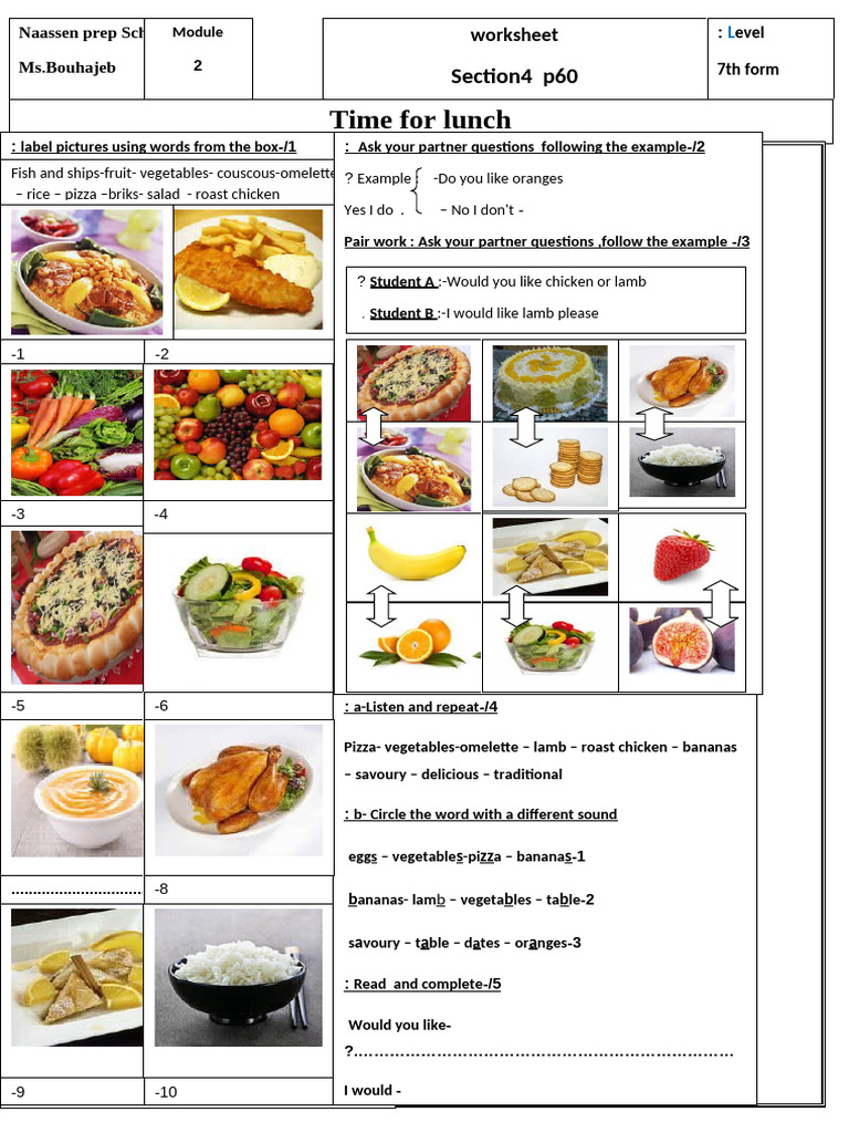 Lunch Time Worksheet for 7th Form | PDF