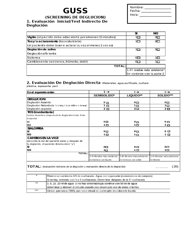 Evaluación de Deglución GUSS y GUS | PDF