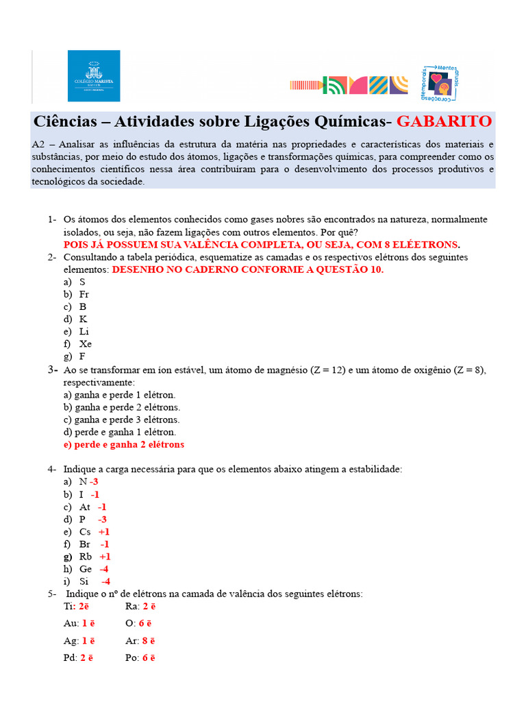 Gabarito: Exercícios de Ligações Químicas | PDF | Ligação química ...