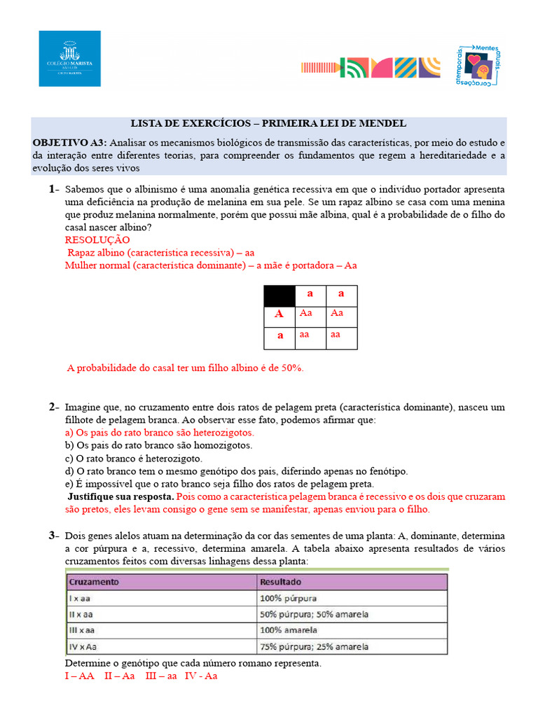 Exercícios sobre a Primeira Lei de Mendel | PDF | Dominância (genética ...