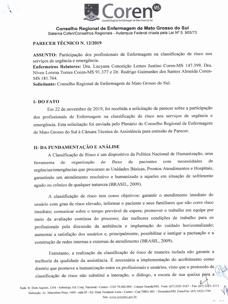 18 Parecer Coren MS N 122019 Atuação de Enfermagem em Classificação de ...