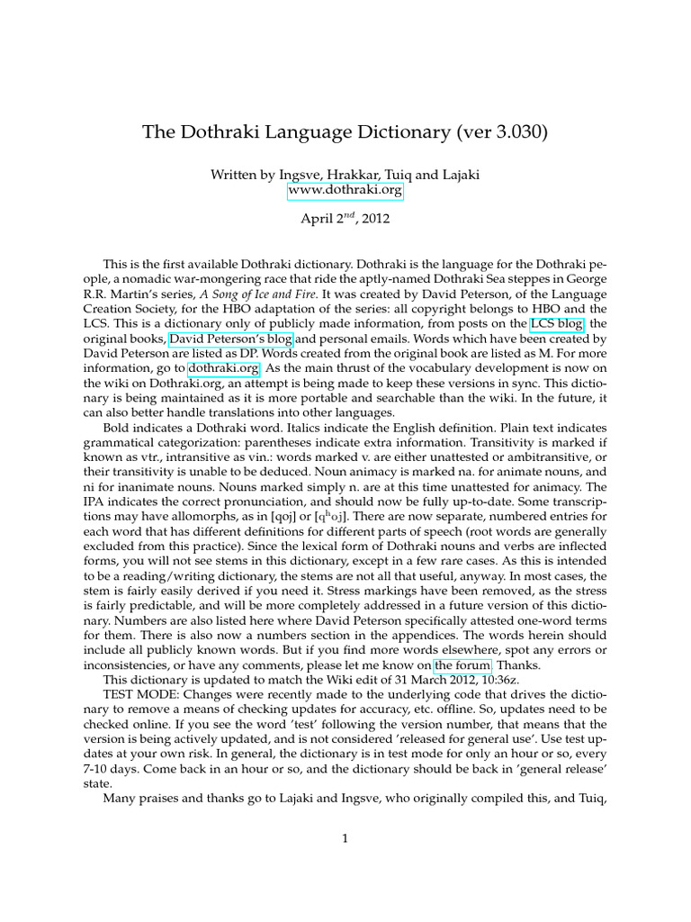 Dothraki Language Dictionary Overview | PDF | Word | Part Of Speech