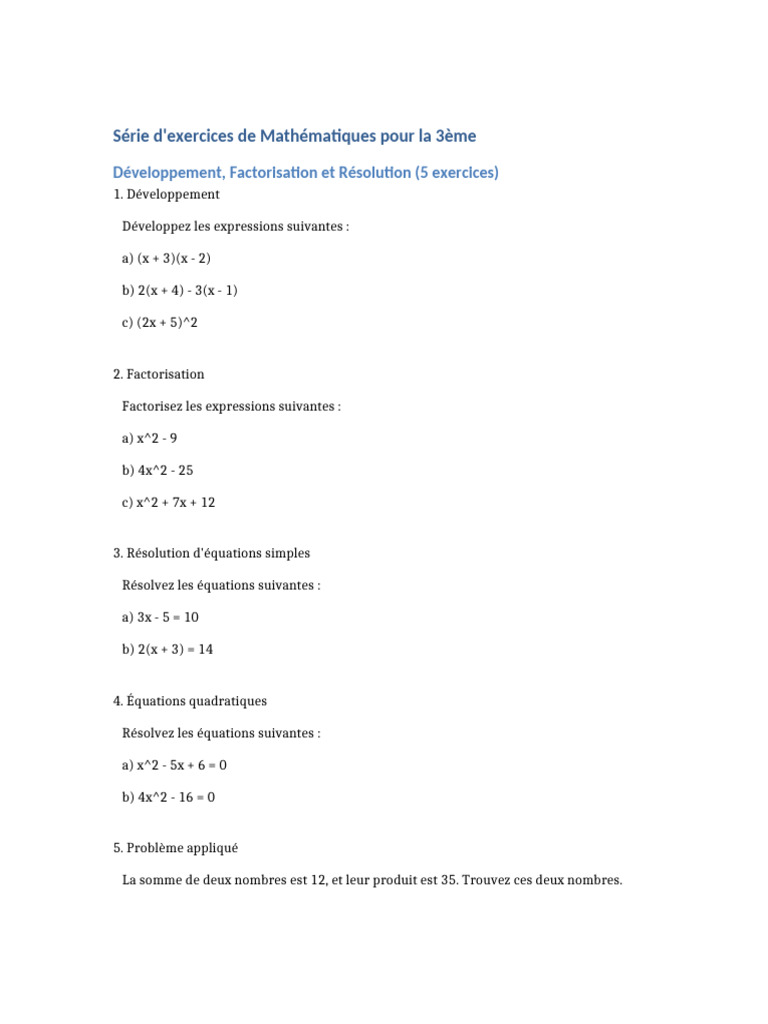 Exercices de Maths pour la 3ème | PDF