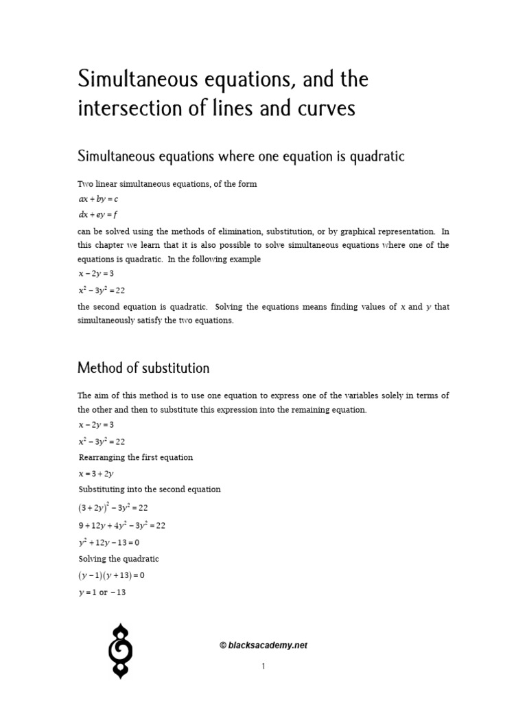 Solving Simultaneous Equations: Lines & Curves | PDF | Equations | Tangent