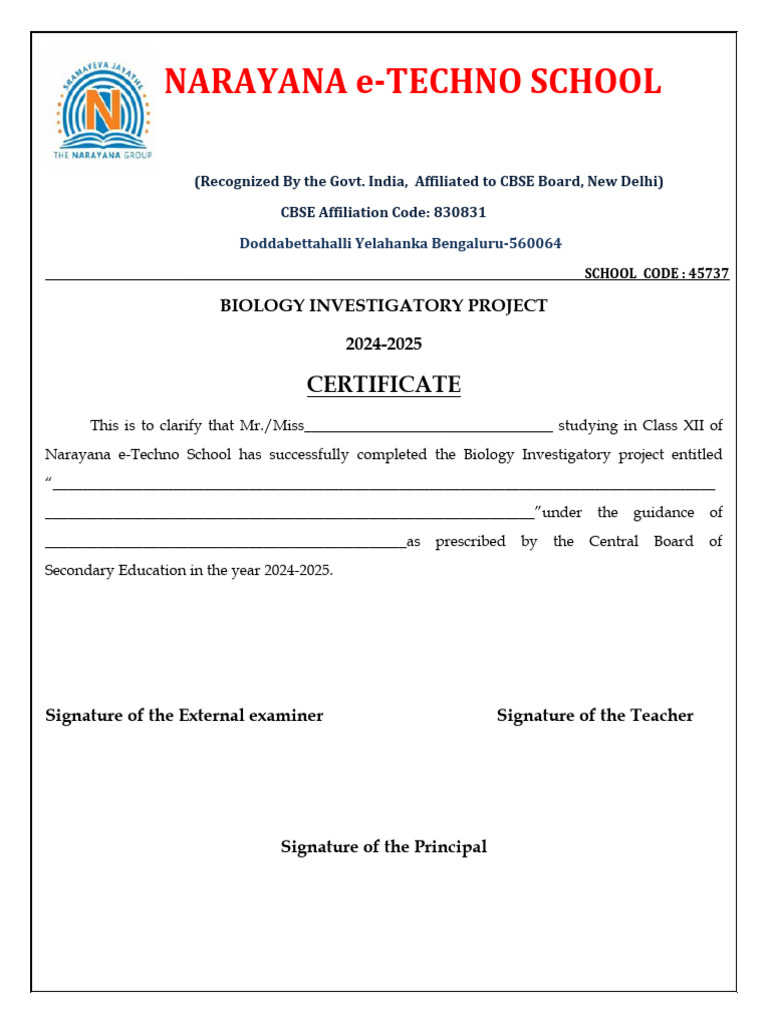 Biology Project Certificate 2024-2025 | PDF
