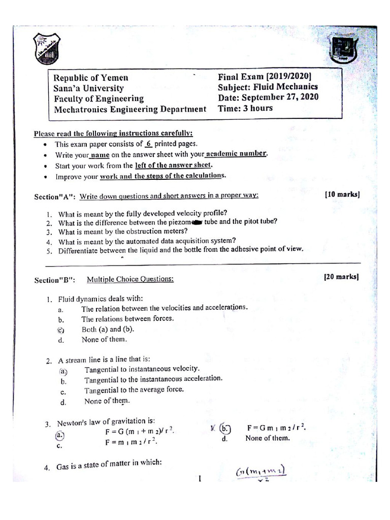 Fluid Mechanics Final Exam 2020 Pdf