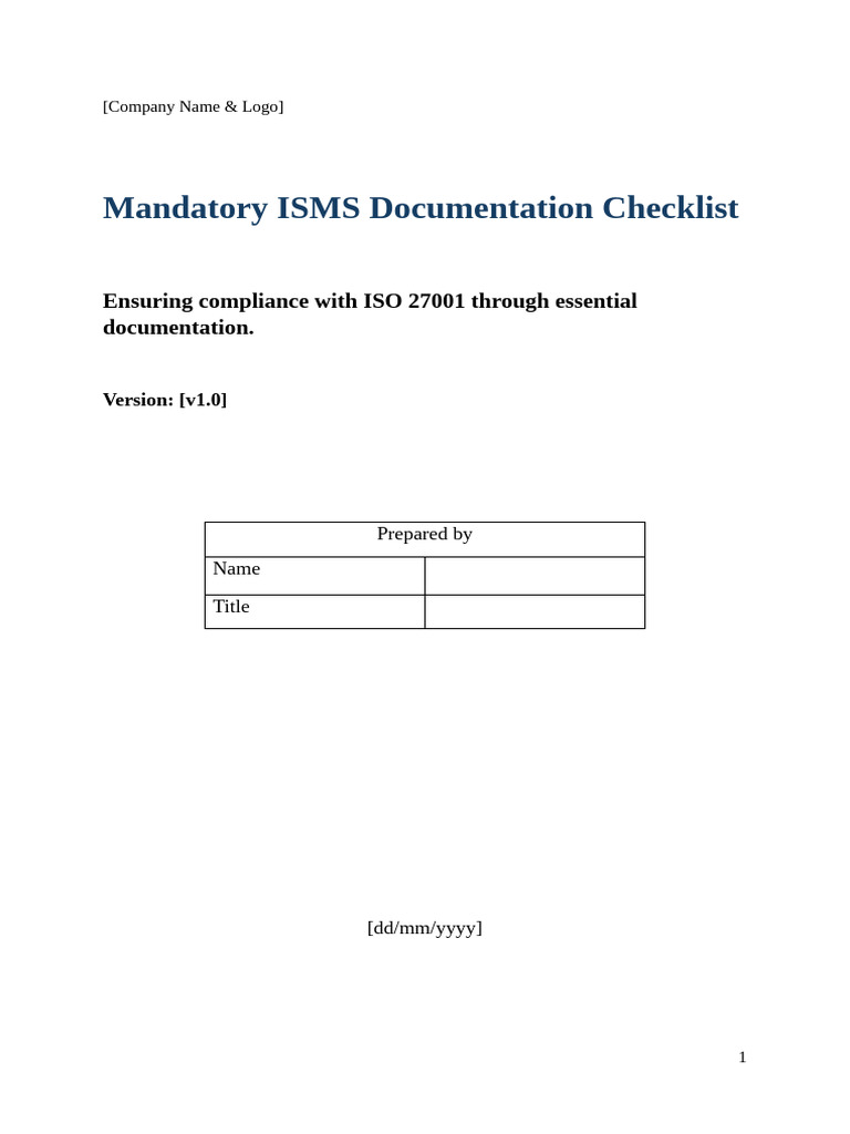 ISMS Documentation Checklist for ISO 27001 | PDF