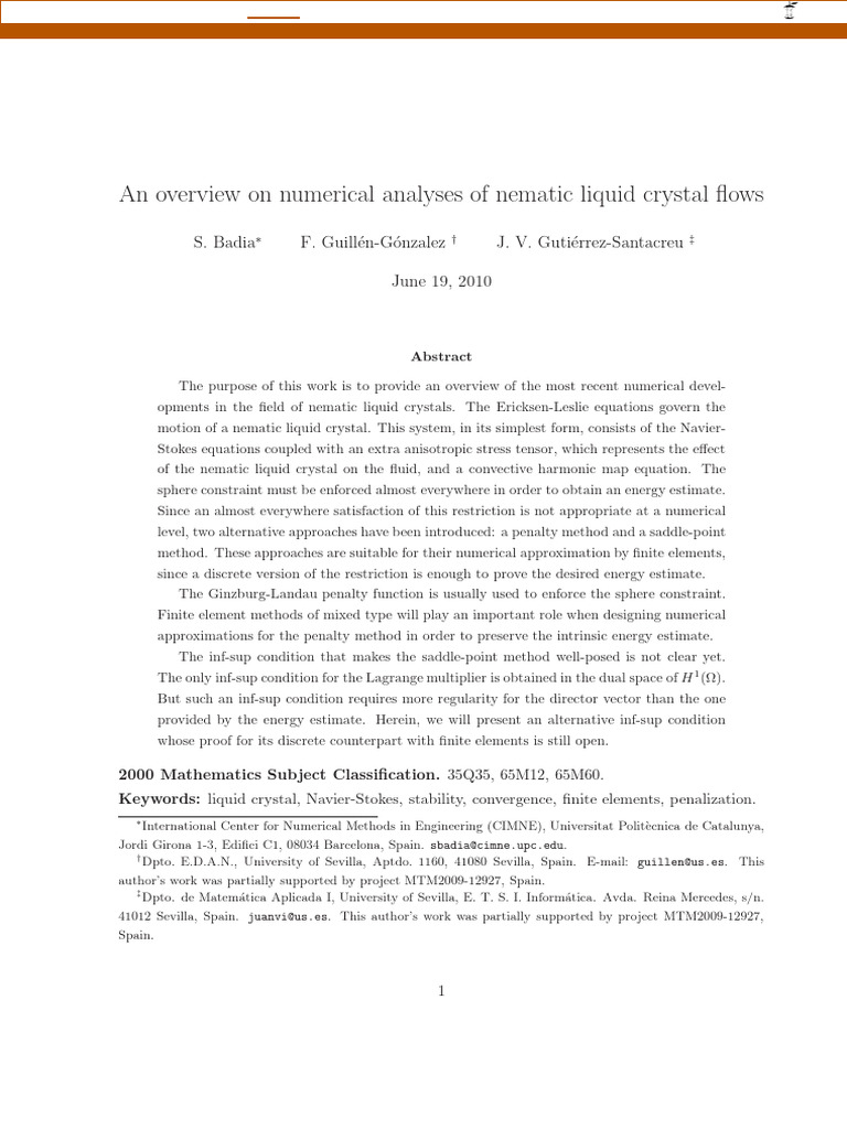 An Overview On Numerical Analyses of Nematic Liquid Crystal Flows | PDF ...