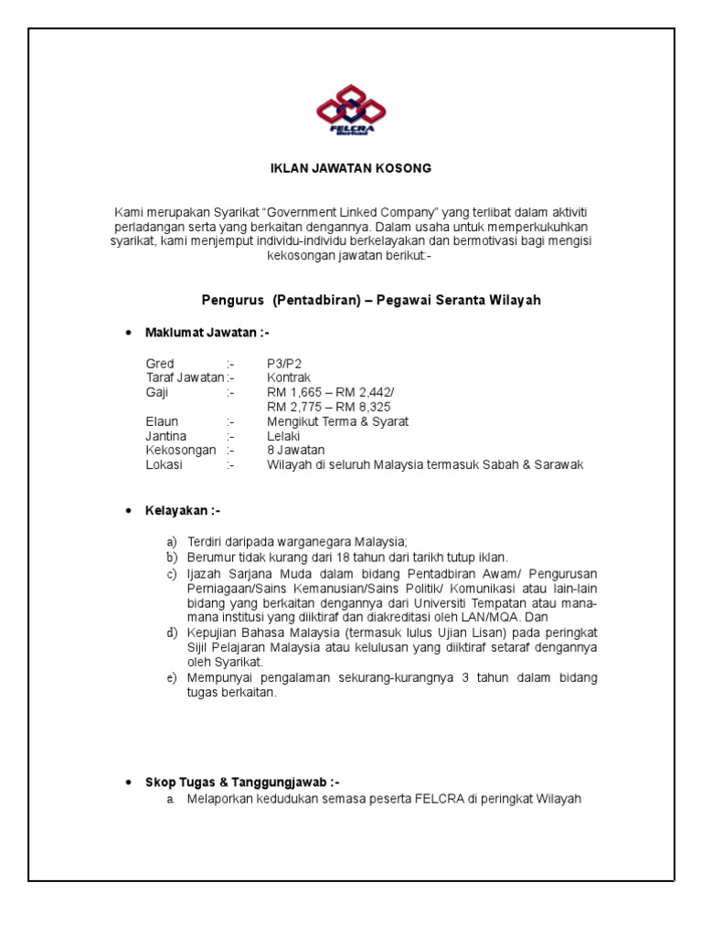 IKLAN JAWATAN KOSONG - Pegawai Seranta Wilayah  PDF