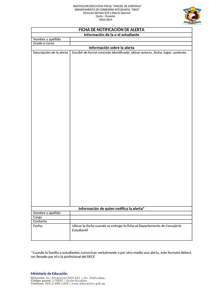 Ficha de Notificación de Alerta DECE | PDF