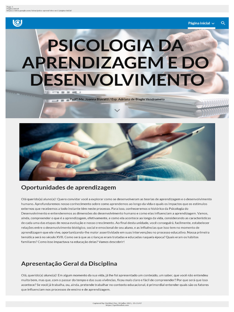 Psicologia da Aprendizagem e Desenvolvimento | PDF | Aprendizado ...