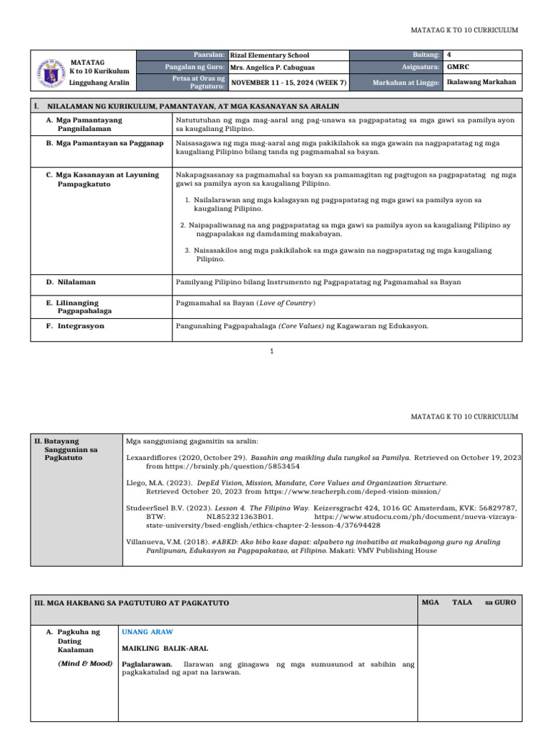 DLL Matatag - GMRC 4 | PDF