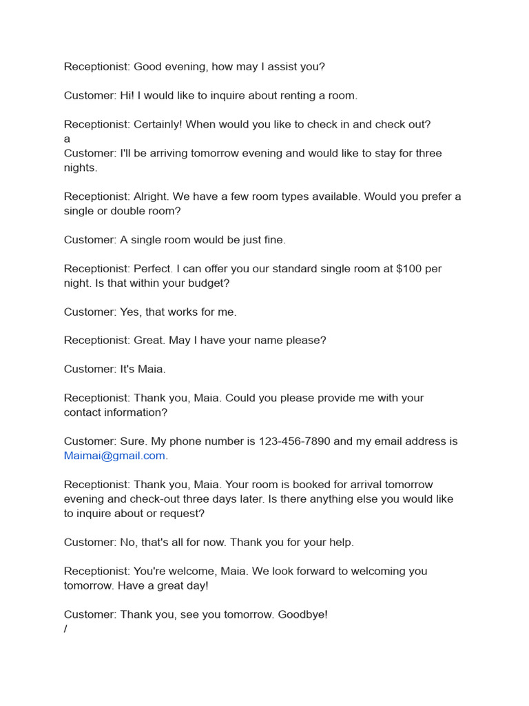 Room Booking Conversation Example | PDF