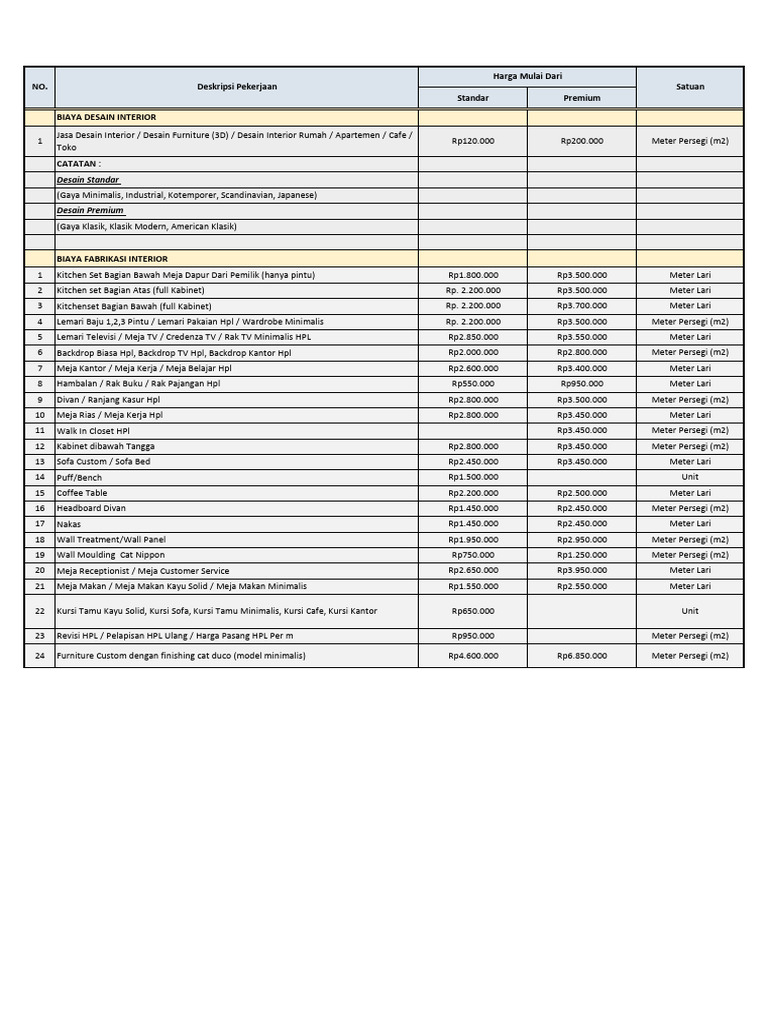 Daftar Harga Desain Interior 2024 | PDF
