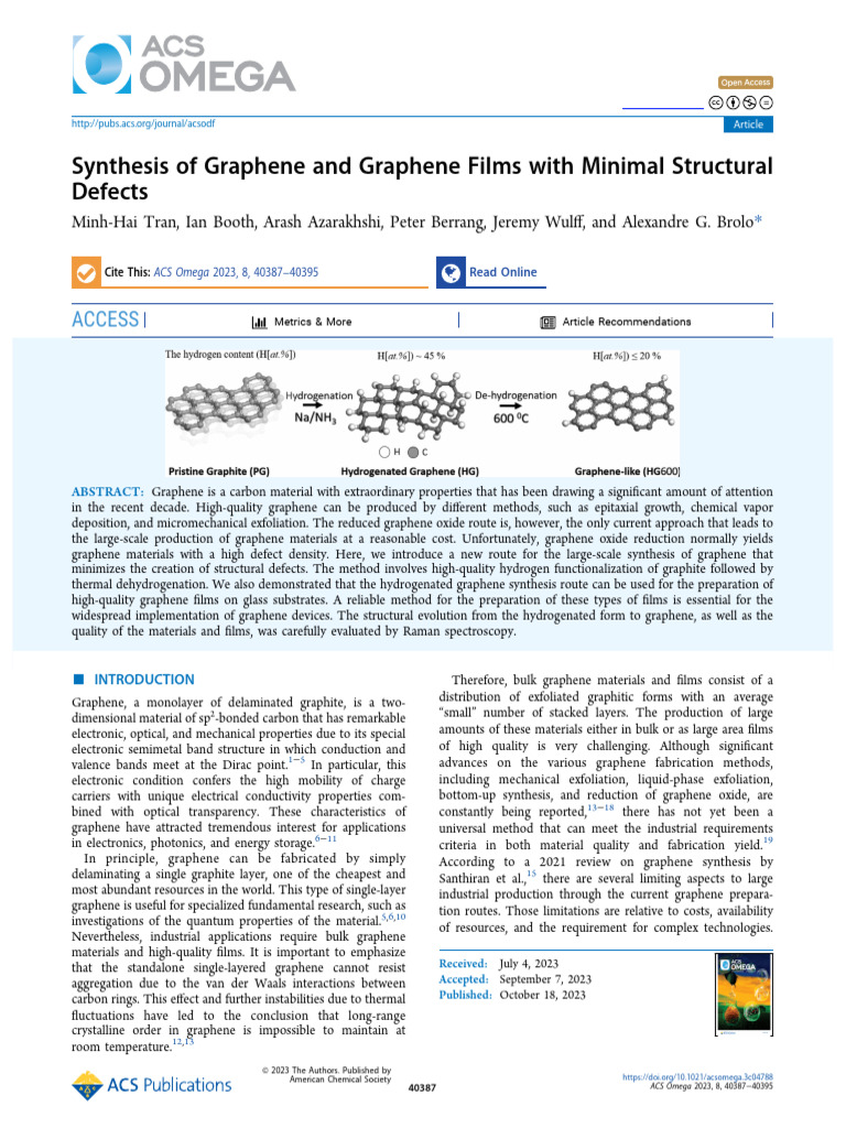 Tran Et Al 2023 Synthesis of Graphene and Graphene Films With Minimal ...
